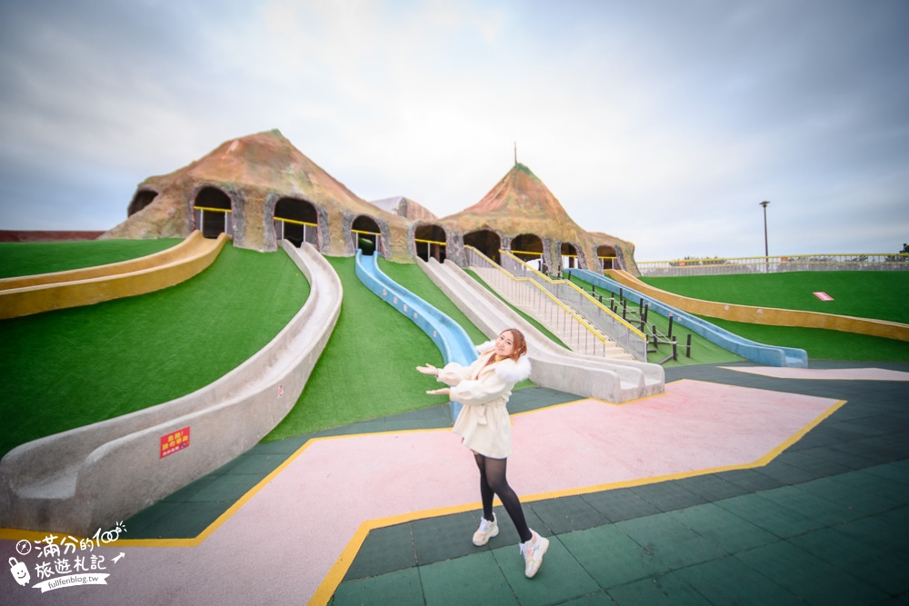 苗栗竹南景點|獅山多功能運動公園(免門票)火炎山主題公園.彩虹步道.蘑菇屋|竹南地標~創意火炎山溜滑梯!